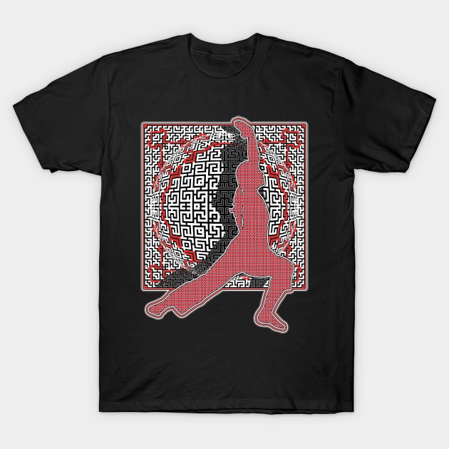 Yoga Pose In Red And Black Against A Sphere T-Shirt by crunchysqueak